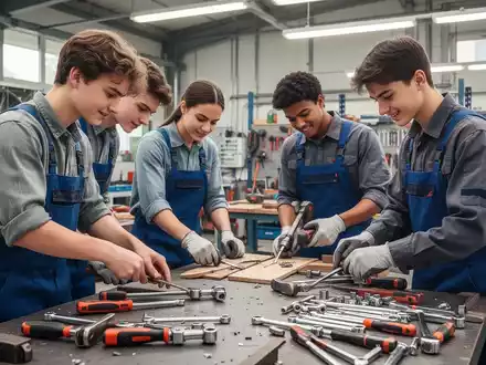 Junge Handwerker in einer Werkstatt, die an verschiedenen Projekten arbeiten, um den Fachkräftemangel zu bekämpfen. - Foto: über boerse-global.de