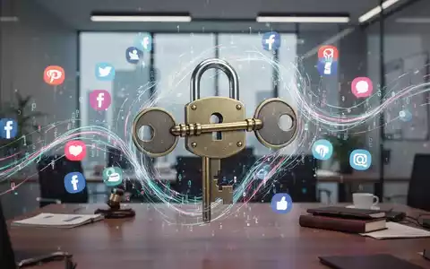 Ein stilisiertes digitales Schloss mit einem Schlüssel, umgeben von Icons sozialer Medien und Datenströmen, vor einem modernen Bürohintergrund. - Foto: über boerse-global.de