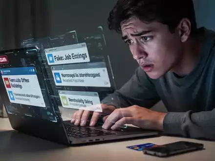 Junger Erwachsener blickt verzweifelt auf Laptop-Bildschirm, subtile digitale Betrugselemente sichtbar. - Foto: über boerse-global.de