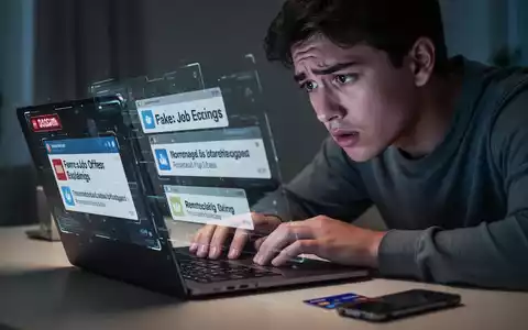 Junger Erwachsener blickt verzweifelt auf Laptop-Bildschirm, subtile digitale Betrugselemente sichtbar. - Foto: über boerse-global.de