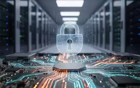Nahaufnahme einer Leiterplatte mit leuchtenden Datenströmen und einem digitalen Sicherheitsschloss-Symbol vor einem unscharfen Serverraum. - Foto: über boerse-global.de
