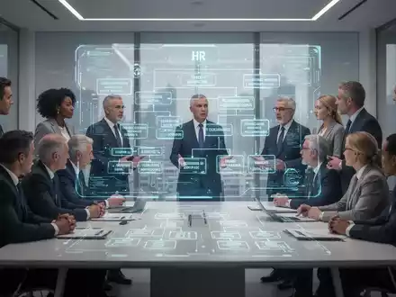 Eine vielfältige Gruppe von Führungskräften bespricht Strategien in einem modernen Büro, mit einem holografischen Display, das Organisationsstrukturen zeigt. - Foto: über boerse-global.de