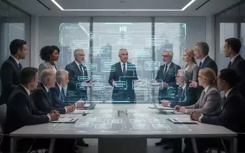 Eine vielfältige Gruppe von Führungskräften bespricht Strategien in einem modernen Büro, mit einem holografischen Display, das Organisationsstrukturen zeigt. - Foto: über boerse-global.de
