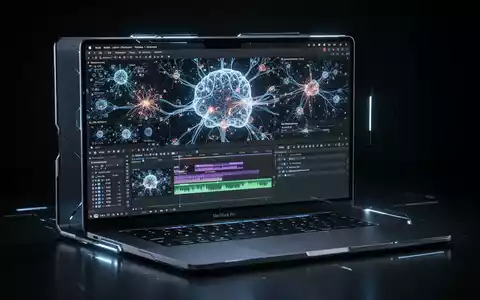 Schlankes, modernes MacBook Pro mit leuchtendem Bildschirm, der komplexe KI-Neuronale-Netzwerkdaten und Videobearbeitungszeitleisten zeigt. - Foto: über boerse-global.de