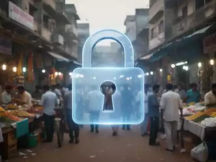Ein stilisiertes, leuchtendes digitales Vorhängeschloss über einem unscharfen Bild eines indischen Straßenmarktes, das Datensicherheit symbolisiert. - Foto: über boerse-global.de