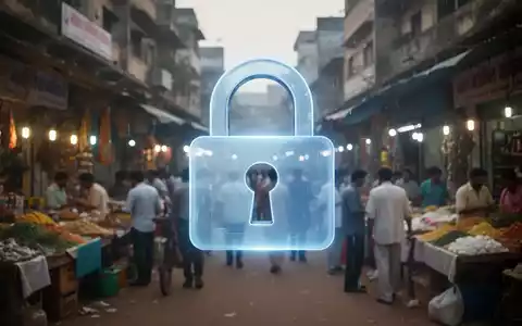 Ein stilisiertes, leuchtendes digitales Vorhängeschloss über einem unscharfen Bild eines indischen Straßenmarktes, das Datensicherheit symbolisiert. - Foto: über boerse-global.de