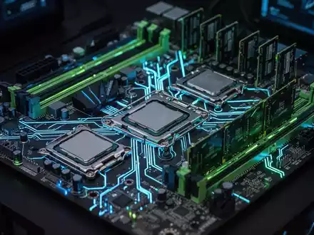 Nahaufnahme eines Hochleistungs-Computer-Workstation-Motherboards mit mehreren CPU-Sockeln und RAM, leuchtenden Leiterbahnen. - Foto: über boerse-global.de