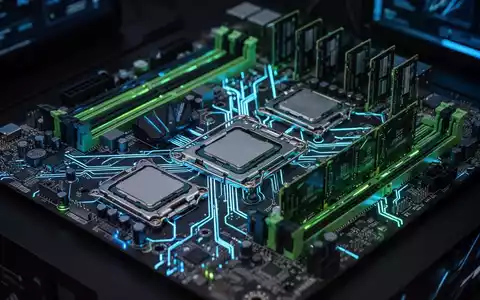 Nahaufnahme eines Hochleistungs-Computer-Workstation-Motherboards mit mehreren CPU-Sockeln und RAM, leuchtenden Leiterbahnen. - Foto: über boerse-global.de