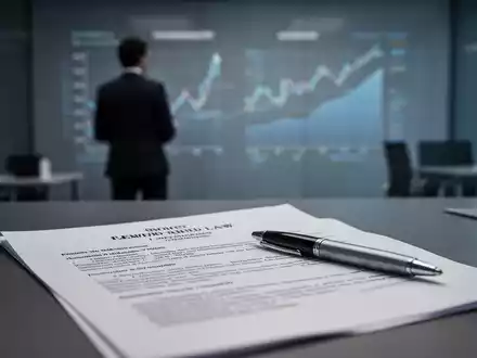 Ein unscharfer Mensch in einem modernen Büro betrachtet abstrakte Finanzcharts an einer Wand, im Vordergrund ein Rechtsdokument mit Stift. - Foto: über boerse-global.de