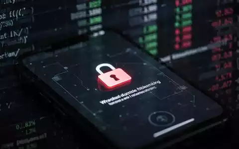 Smartphone-Bildschirm mit Sicherheitswarnung, verschwommene Codezeilen und Finanzdaten im Hintergrund. - Foto: über boerse-global.de