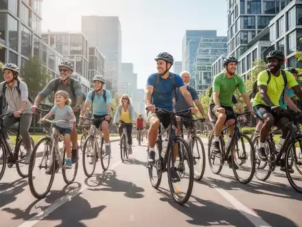 Eine Gruppe von Radfahrern auf einer modernen Stadtstraße, die den Radverkehr als Mittel zur Gesundheitsförderung und zum Klimaschutz darstellt. - Foto: über boerse-global.de