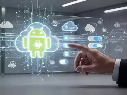 Stilisierter Android-Logo mit Datenströmen und Cloud-Symbolen, Hand interagiert mit holografischer Oberfläche für App-Backup-Schalter. - Foto: über boerse-global.de