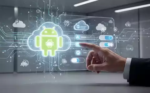 Stilisierter Android-Logo mit Datenströmen und Cloud-Symbolen, Hand interagiert mit holografischer Oberfläche für App-Backup-Schalter. - Foto: über boerse-global.de