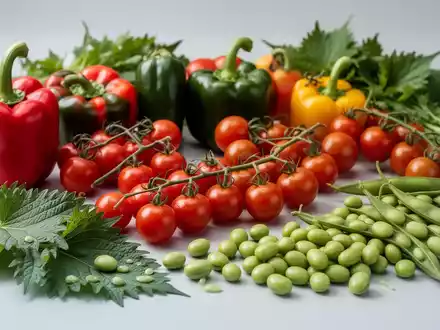 Eine lebendige Anordnung von frischem Sommergemüse, darunter rote Paprika, Kirschtomaten, Edamame und Perillablätter auf einer hellen Oberfläche. - Foto: über boerse-global.de