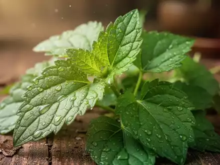 Nahaufnahme von frischen, grünen Houttuynia cordata (Fischminze)-Blättern mit Tautropfen, sanft beleuchtet. - Foto: über boerse-global.de