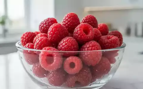 Nahaufnahme von frischen, leuchtend roten Himbeeren in einer Glasschale, die im natürlichen Licht glänzen. - Foto: über boerse-global.de