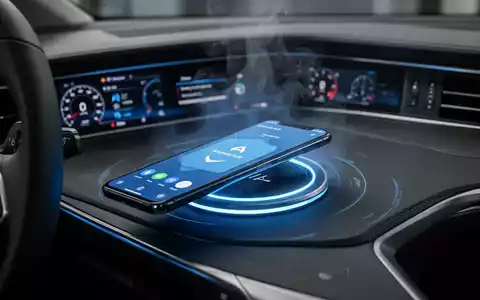 Ein Smartphone auf einer kabellosen Ladestation im Auto, das Android Auto auf dem Fahrzeugbildschirm anzeigt. - Foto: über boerse-global.de