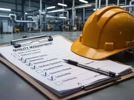 Ein Klemmbrett mit Checkliste und ein Schutzhelm auf industriellem Hintergrund, symbolisiert Qualitätsmanagement und Arbeitssicherheit. - Foto: über boerse-global.de