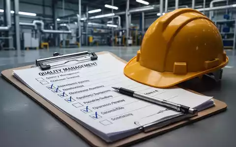 Ein Klemmbrett mit Checkliste und ein Schutzhelm auf industriellem Hintergrund, symbolisiert Qualitätsmanagement und Arbeitssicherheit. - Foto: über boerse-global.de