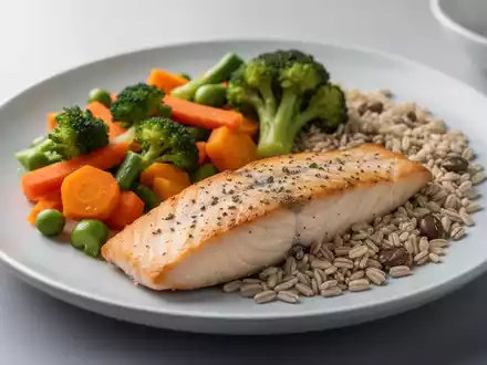 Eine Nahaufnahme eines gesunden Tellers mit ausgewogener Mahlzeit, die Fisch, Gemüse und Vollkornprodukte zeigt. - Foto: über boerse-global.de