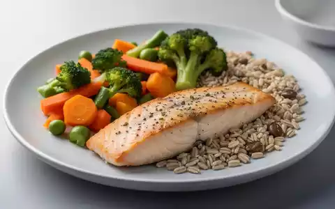 Eine Nahaufnahme eines gesunden Tellers mit ausgewogener Mahlzeit, die Fisch, Gemüse und Vollkornprodukte zeigt. - Foto: über boerse-global.de