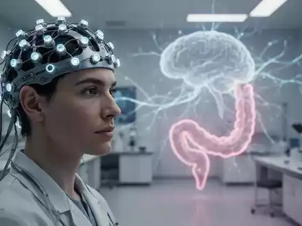 Eine Person trägt eine futuristische EEG-Kappe in einem Labor, während im Hintergrund eine abstrakte Darstellung der Gehirn-Darm-Achse zu sehen ist. - Foto: über boerse-global.de