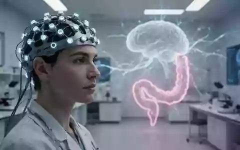 Eine Person trägt eine futuristische EEG-Kappe in einem Labor, während im Hintergrund eine abstrakte Darstellung der Gehirn-Darm-Achse zu sehen ist. - Foto: über boerse-global.de