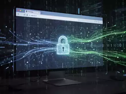 Digitale Illustration: Datenfluss in ein Browserfenster, Sicherheitslücken durch Vorhängeschloss und Binärcode dargestellt. - Foto: über boerse-global.de