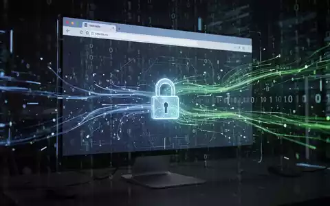 Digitale Illustration: Datenfluss in ein Browserfenster, Sicherheitslücken durch Vorhängeschloss und Binärcode dargestellt. - Foto: über boerse-global.de