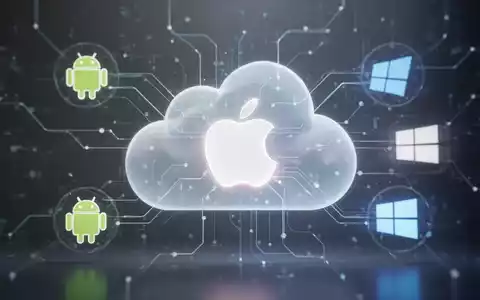 Leuchtendes Apple-Logo, verbunden mit digitalen Linien zu abstrakten Android- und Windows-Logos, symbolisiert plattformübergreifende Kompatibilität. - Foto: über boerse-global.de