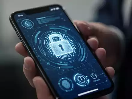 Nahaufnahme eines Smartphone-Bildschirms mit Schloss-Symbol und biometrischer Sicherheit, unscharfe Hand hält das Gerät. - Foto: über boerse-global.de