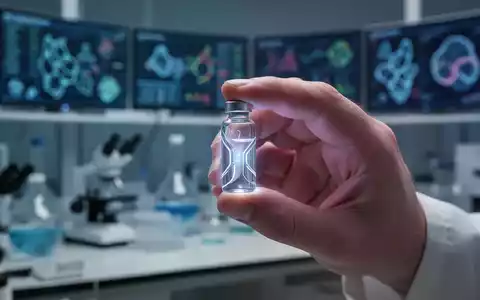 Eine Nahaufnahme einer Hand, die ein futuristisches Medikamentenfläschchen hält, im Hintergrund verschwommen ein Labor. - Foto: über boerse-global.de
