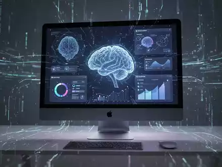 Moderner Mac-Computer mit futuristischen KI-Oberflächen und Produktivitäts-Apps, umgeben von digitalen Datenströmen. - Foto: über boerse-global.de