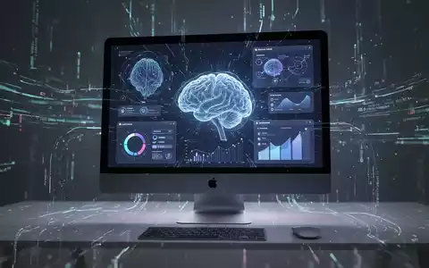 Moderner Mac-Computer mit futuristischen KI-Oberflächen und Produktivitäts-Apps, umgeben von digitalen Datenströmen. - Foto: über boerse-global.de