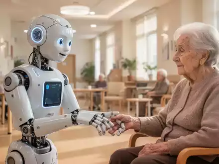 Ein freundlicher humanoider Roboter interagiert sanft mit einer älteren Person in einer modernen Seniorenpflegeeinrichtung. - Foto: über boerse-global.de