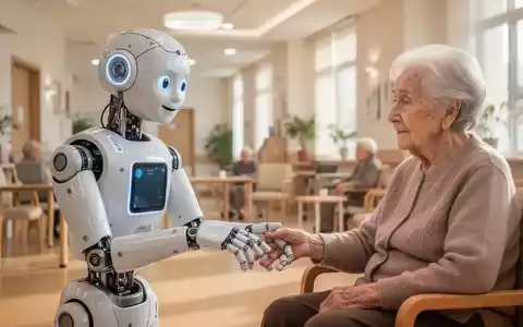 Ein freundlicher humanoider Roboter interagiert sanft mit einer älteren Person in einer modernen Seniorenpflegeeinrichtung. - Foto: über boerse-global.de