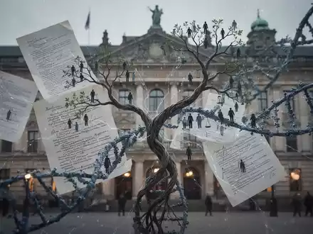 Abstrakte Darstellung von Rechtsdokumenten, Stammbäumen und DNA-Strängen, die sich vor einem unscharfen Gerichtsgebäude verflechten. - Foto: über boerse-global.de