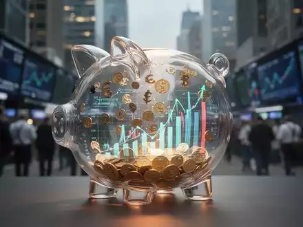 Ein modernes Sparschwein aus Glas, gefüllt mit Währungssymbolen und digitalen Diagrammen, vor einem unscharfen Finanzviertel. - Foto: über boerse-global.de
