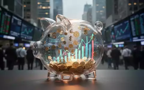 Ein modernes Sparschwein aus Glas, gefüllt mit Währungssymbolen und digitalen Diagrammen, vor einem unscharfen Finanzviertel. - Foto: über boerse-global.de