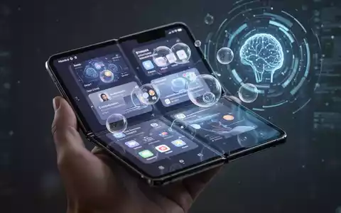 Hand hält faltbares Smartphone mit mehreren App-Fenstern und Blasen, subtile KI-Oberfläche im Hintergrund. - Foto: über boerse-global.de