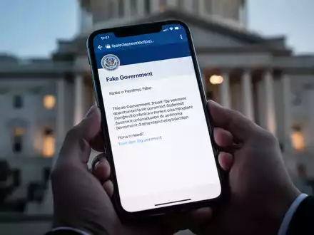 Eine Hand hält ein Smartphone, das eine gefälschte behördliche E-Mail anzeigt. Im Hintergrund verschwommene Regierungsgebäude. - Foto: über boerse-global.de