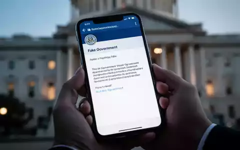 Eine Hand hält ein Smartphone, das eine gefälschte behördliche E-Mail anzeigt. Im Hintergrund verschwommene Regierungsgebäude. - Foto: über boerse-global.de