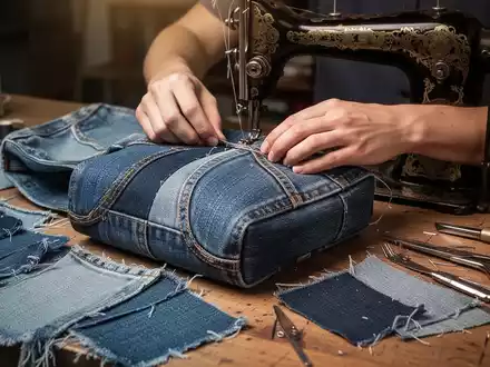 Hände nähen eine stylische Upcycling-Tasche aus Jeansstoff auf einer Werkbank, umgeben von Stoffresten und Nähwerkzeugen. - Foto: über boerse-global.de