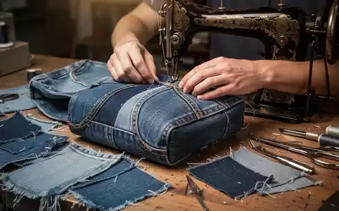 Hände nähen eine stylische Upcycling-Tasche aus Jeansstoff auf einer Werkbank, umgeben von Stoffresten und Nähwerkzeugen. - Foto: über boerse-global.de