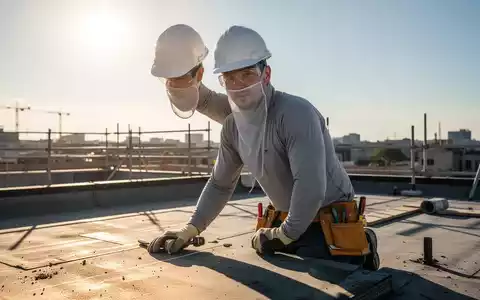 Ein Bauarbeiter auf einem sonnigen Dach mit Helm, Schutzbrille und langer Kleidung als UV-Schutz. - Foto: über boerse-global.de