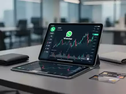 Ein iPad mit der WhatsApp-Oberfläche, leicht spiegelnd Finanzcharts, auf einem Schreibtisch mit Geldbörse und Kreditkarte. - Foto: über boerse-global.de