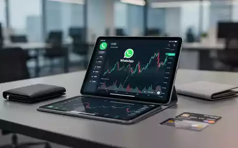 Ein iPad mit der WhatsApp-Oberfläche, leicht spiegelnd Finanzcharts, auf einem Schreibtisch mit Geldbörse und Kreditkarte. - Foto: über boerse-global.de