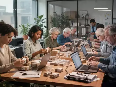 Eine Gruppe von Menschen unterschiedlichen Alters, die in einem modernen Büro oder Home-Office-Umfeld Minijobs ausüben. - Foto: über boerse-global.de