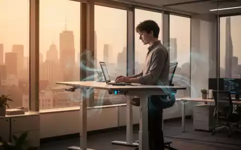 Eine Person arbeitet an einem höhenverstellbaren Schreibtisch in einem modernen Büro mit Blick auf eine durch Hitze verschwommene Stadt. - Foto: über boerse-global.de