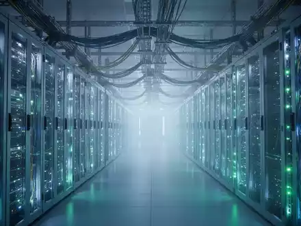 Weiter Serverraum mit blauen und grünen Lichtern unzähliger Serverracks, die den enormen Energieverbrauch eines Rechenzentrums betonen. - Foto: über boerse-global.de